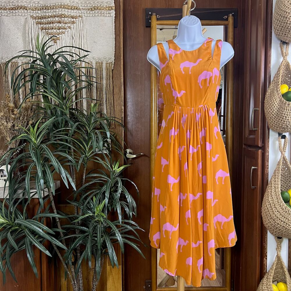 Anthropologie Silk Midi Dress 0 Charlotte Taylor Camel Print Orange Pink NWOT